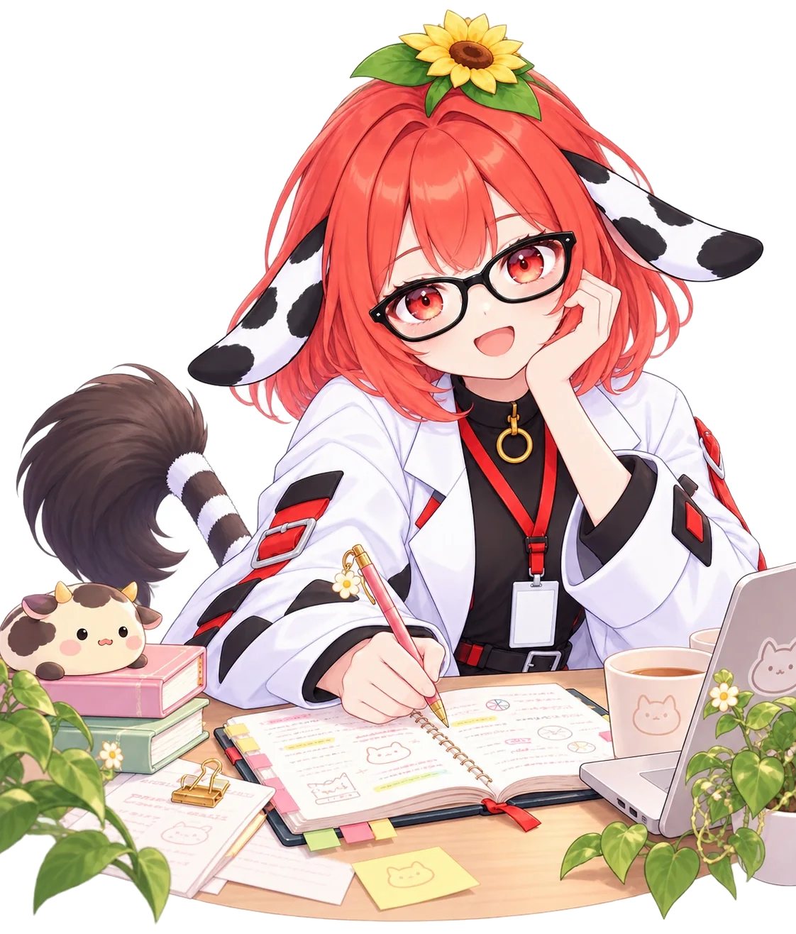 机でノートを取りながら研究する牧野モカ